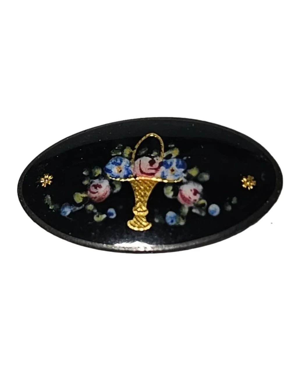 Vintage Hand Painted Brooch Floral Basket Oval Black Enamel Fashion Jewelry